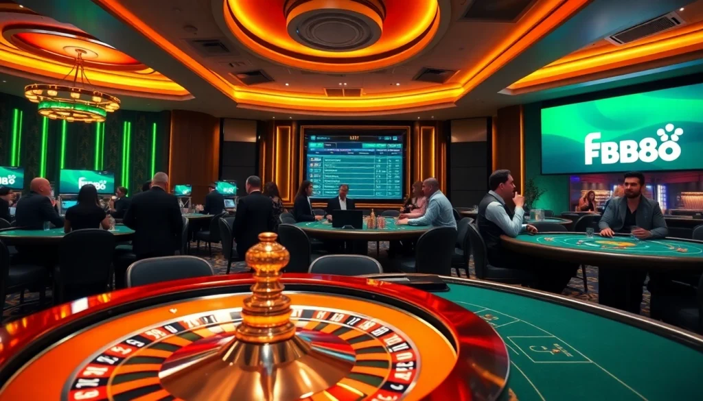FB88 players engaging at a high-stakes poker table in a vibrant casino setting.