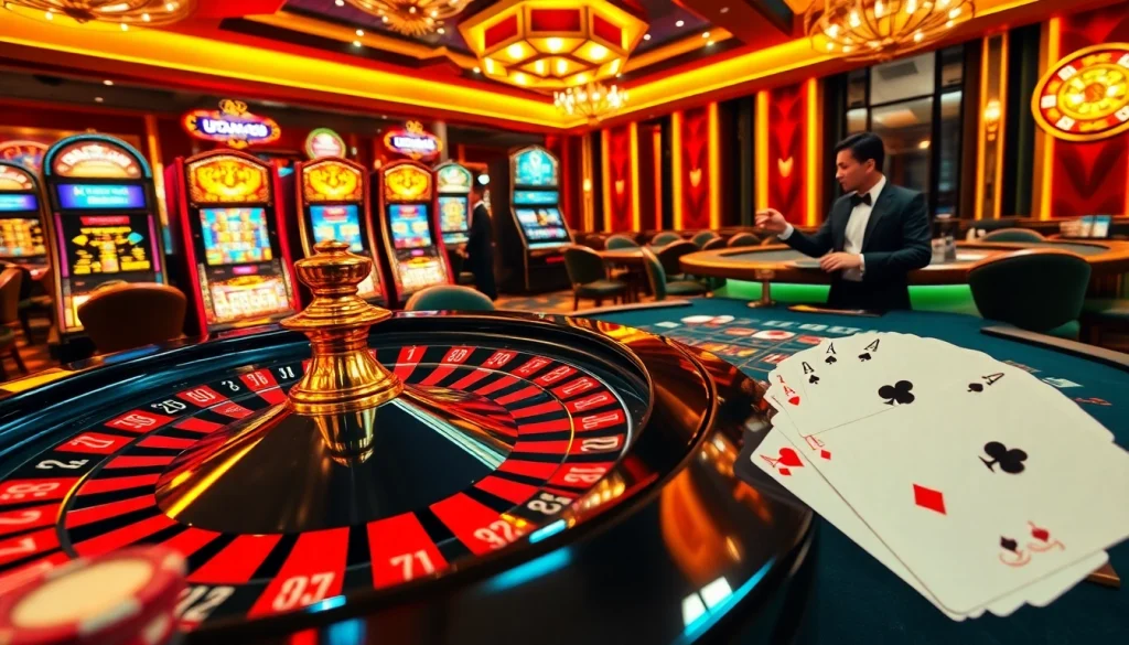 Pemain menikmati keseruan permainan kasino di Utama4D, menampilkan roda roulette dan chip poker.