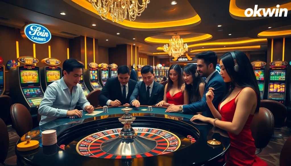 Exciting casino scene with roulette and players enjoying okwin.com gaming experience