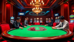 Engaged players at MK8 poker table in a luxurious casino, showcasing thrilling gameplay.