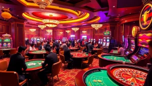 Engaging scene of a casino with 'liên hệ okfun' customer service visible, showcasing vibrant gameplay.