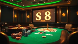 S8 poker table scene showcasing glamorous gambling with cards and chips.