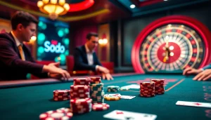 SODO66 gamblers enjoying a vibrant casino atmosphere with poker chips, cards, and roulette wheel.