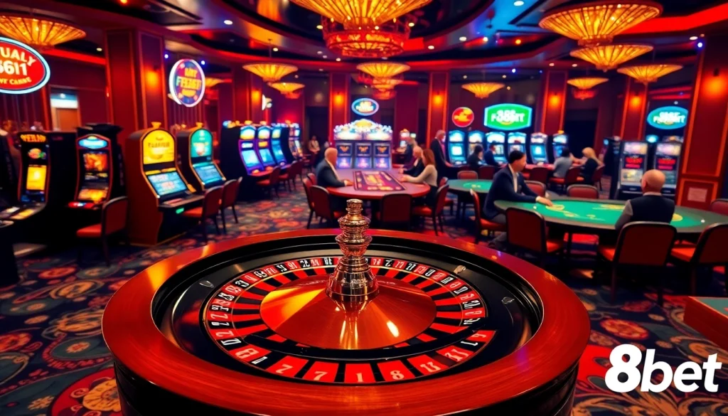 Experience excitement at F8bet with luxury casino gaming tables, vibrant slot machines, and poker chips.