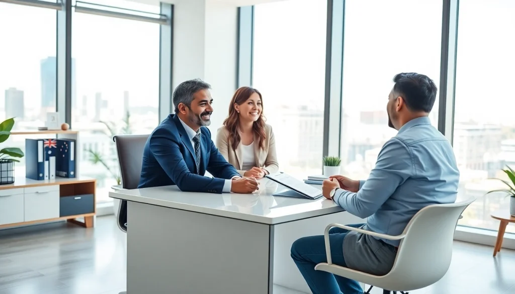 Immigration lawyer Sydney consulting with clients in a bright, professional office.