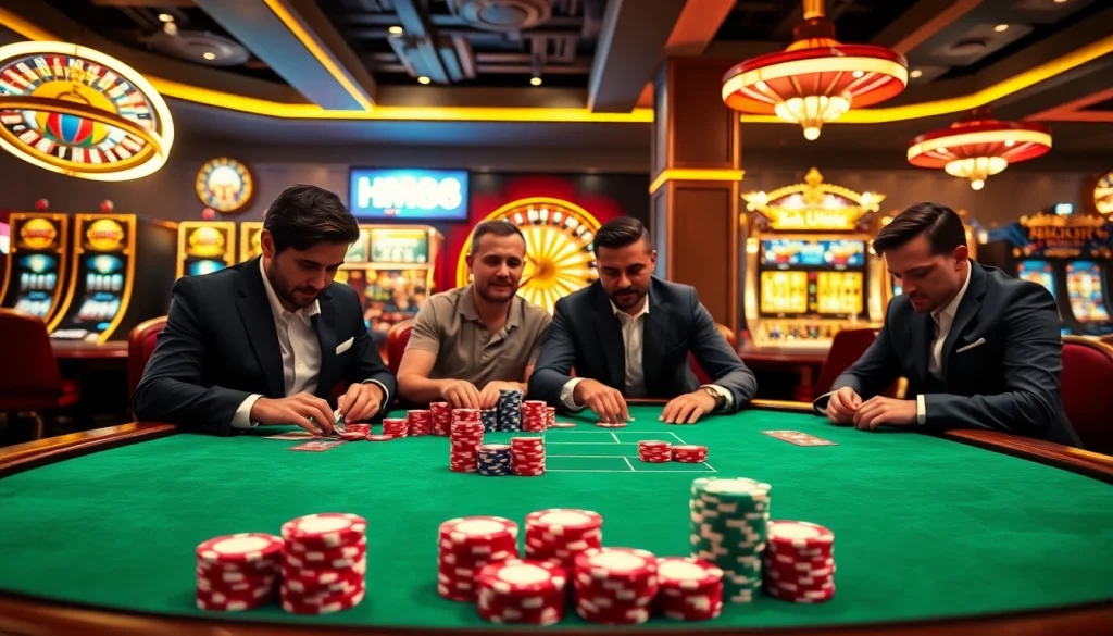 Gamblers at a high-stakes poker table in a luxurious casino, showcasing hm88 excitement.