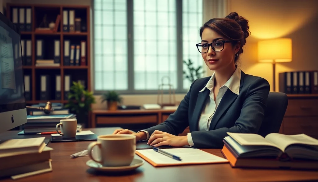 Legal Assist professional at work in a warm office setting with legal documents and books.
