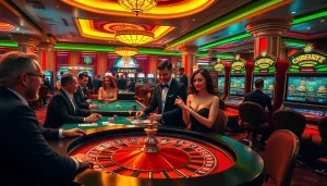 Gamblers enjoying a thrilling game experience at https://789f.fan/ casino, featuring roulette and slot machines.