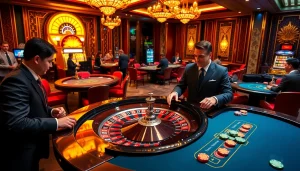 Tác giả Trần Chinh engaging with players at a casino, surrounded by a vibrant roulette table and slot machines.