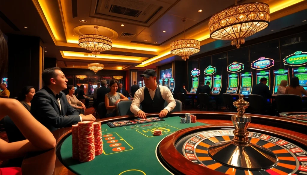 Experience the thrill of winning at the luxurious JL55 casino featuring vibrant gaming tables and slot machines.