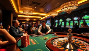 Experience the thrill of winning at the luxurious JL55 casino featuring vibrant gaming tables and slot machines.