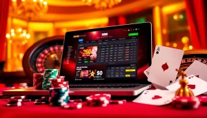 Engage in the exciting MM88 online casino experience with vibrant betting elements like cards and chips.