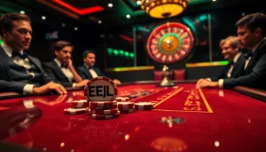 EEJL poker table with high-stakes chips and elegant players creating an exciting casino atmosphere.