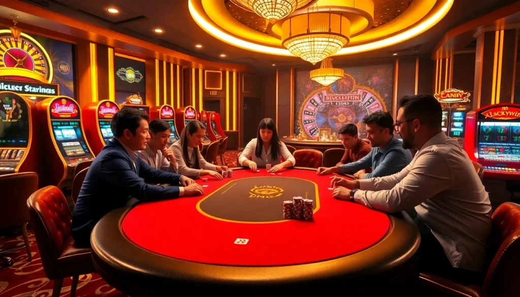Exciting gaming table action at a LUCKYWIN casino, showcasing competitive poker play.