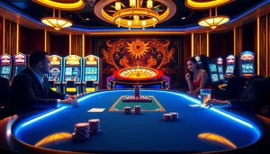 Experience online gambling excitement with vt88 at a luxurious casino setting featuring poker and slot machines.