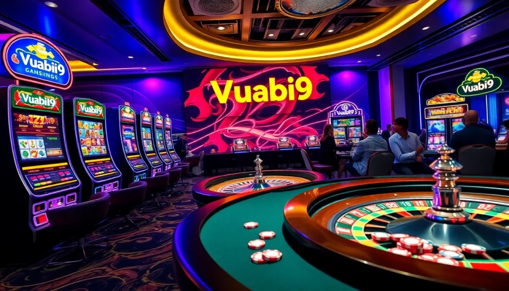 Experience exhilarating gaming at Vuabai9 casino with vibrant slot machines and poker tables.