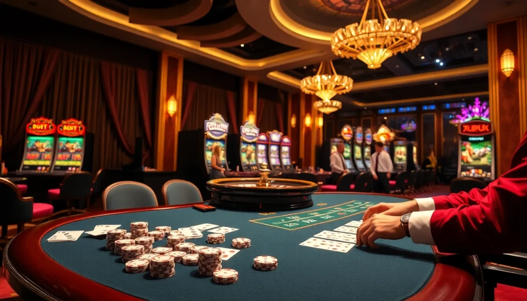 Exciting gaming action at 39bet.com featuring poker chips, roulette, and vibrant slot machines.