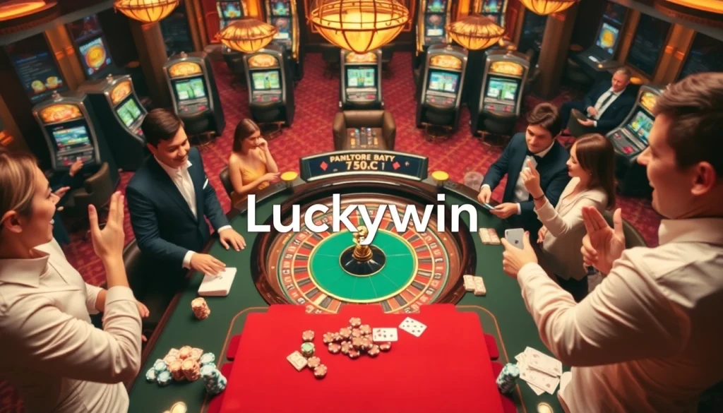 Players enjoying thrilling roulette and slots at Luckywin Casino, capturing the excitement and luxury of gambling.