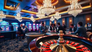 Players enjoy a thrilling casino experience at HITCLUB with roulette, poker, and vibrant slot machines.