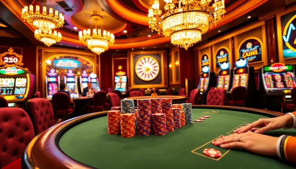 Players enjoying a thrilling 32WIN Game at a luxurious casino table with vibrant chips and a roulette wheel.
