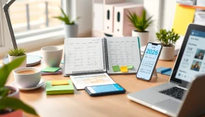 2026 calendar spread on a modern office desk showcasing productivity and organization.