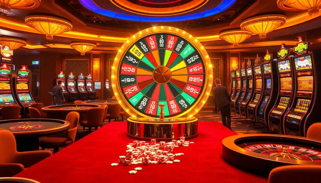 Players celebrate wins at a vibrant casino showcasing the luckywin wheel and sparkling tables.