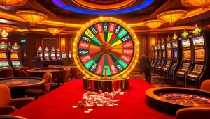 Players celebrate wins at a vibrant casino showcasing the luckywin wheel and sparkling tables.