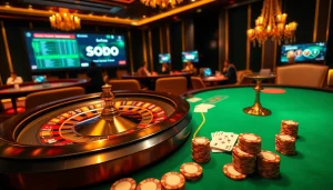 SODO Casino players engaging in a thrilling roulette game with vibrant chips and cards.