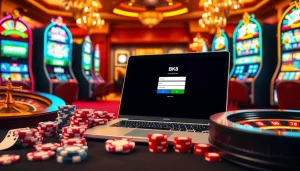 Experience seamless bk8 login on a modern laptop set against a vibrant casino backdrop.