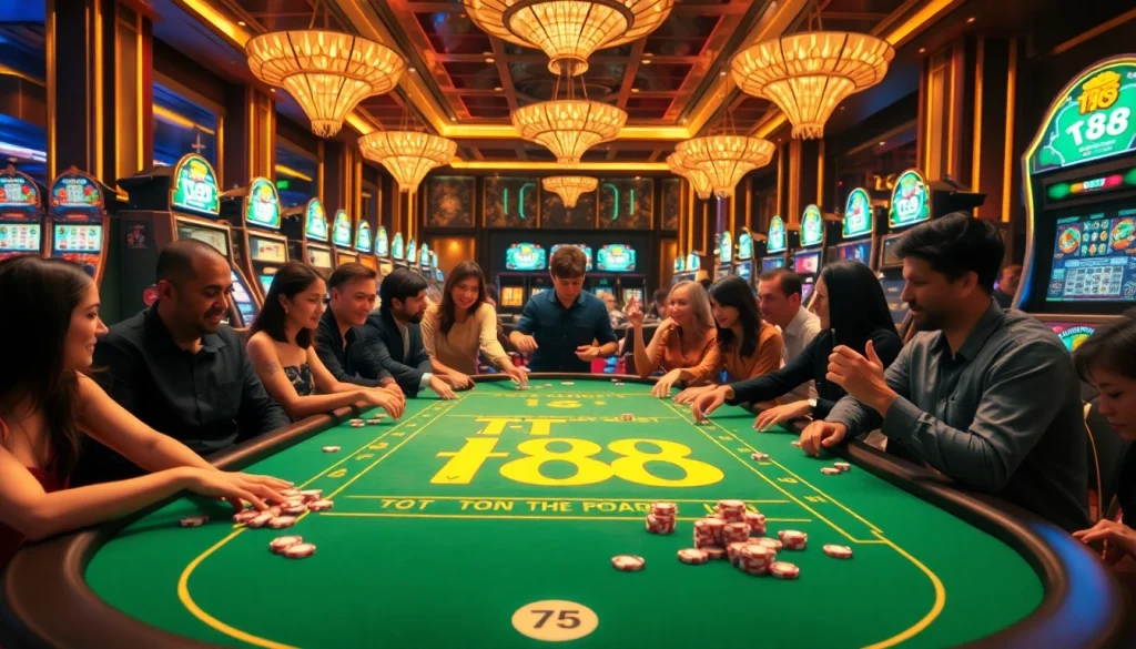 Engaging gamblers strategizing at the TT88-themed casino table amid vibrant lights.