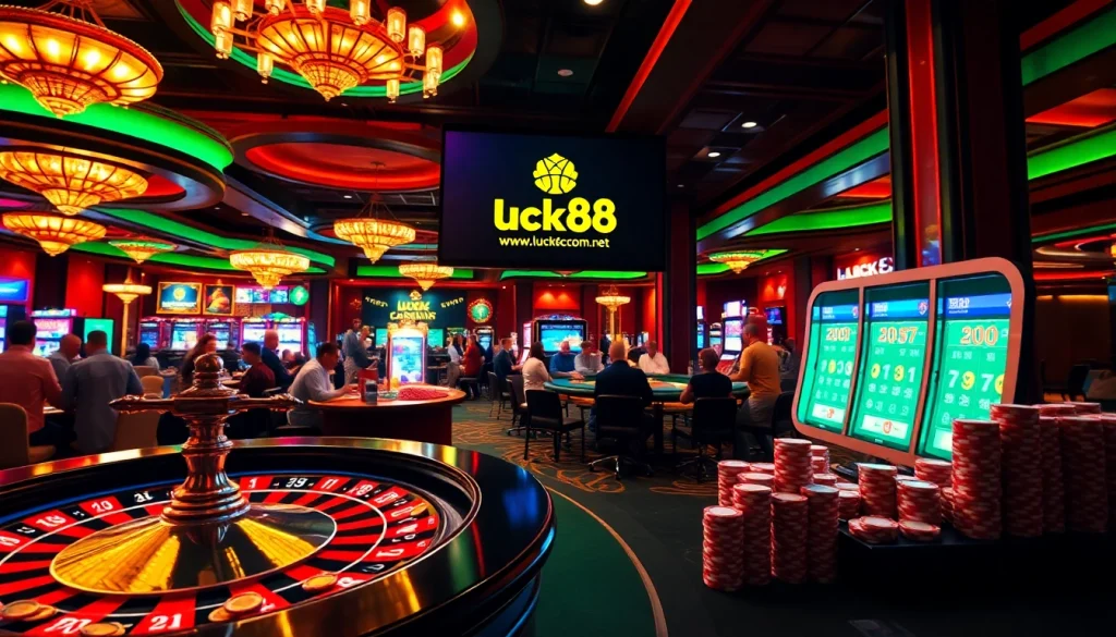 Enthusiastic players engaging at a roulette table in a lavish casino atmosphere at https://luck88com.net/.