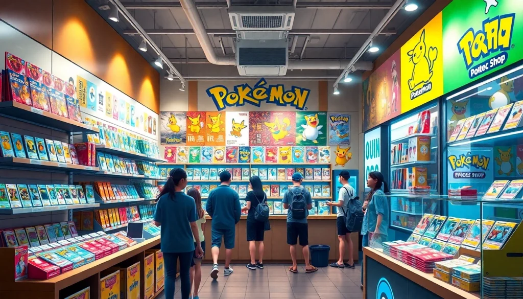 カラフルなパックと興奮したお客様が揃う活気あるポケモンカードショップで、おすすめのポケカ オリパを探る。