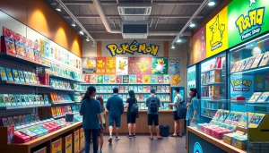 カラフルなパックと興奮したお客様が揃う活気あるポケモンカードショップで、おすすめのポケカ オリパを探る。