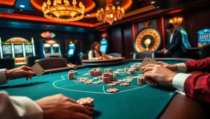Engaging poker players at a luxurious table, showcasing the link hitclub in a vibrant casino scene.
