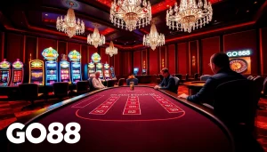 Engage with intense gameplay at GO88, featuring a vibrant poker table and dynamic slot machines.