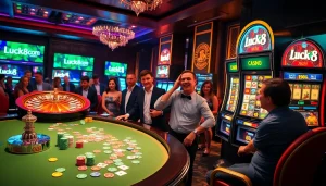 Win big at Luck8 com with a vibrant casino scene featuring poker and exciting slot machines.