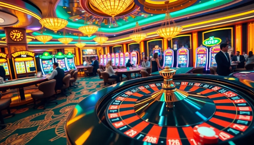 Winning at 79king: Exciting casino scene with bets, cards, and roulette wheel spins.