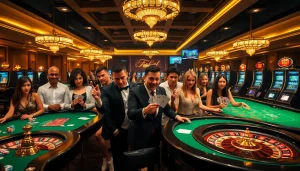 Experience the thrill of online gambling at https://f8bet.ventures/ with players enjoying casino games in a luxurious setting.