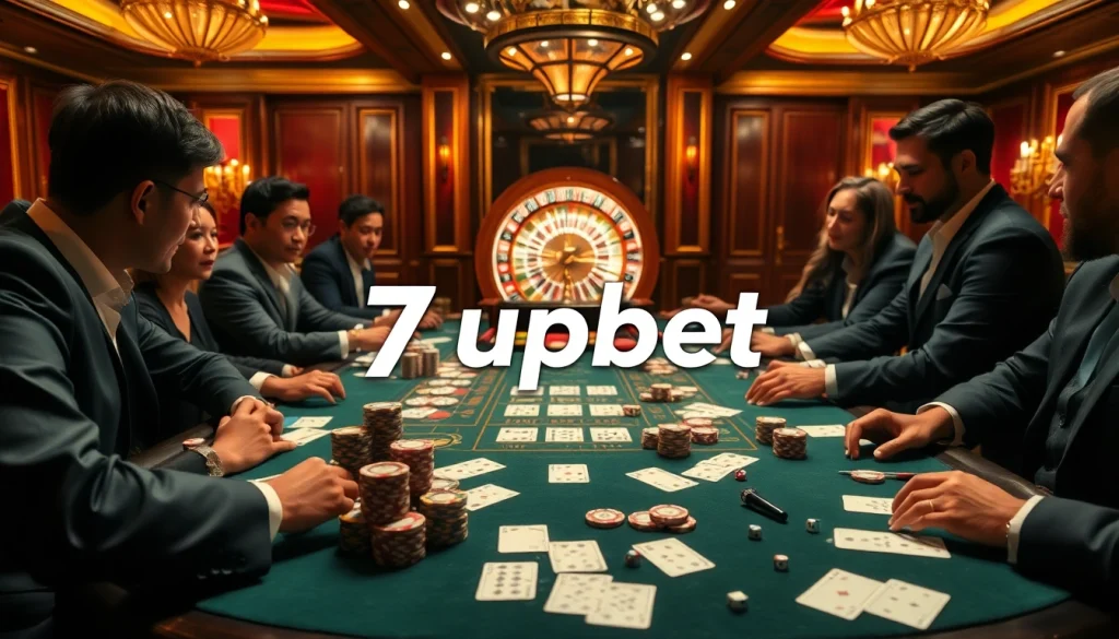 Experience the thrill of 7upbet at a luxurious casino poker game with high stakes and colorful chips.