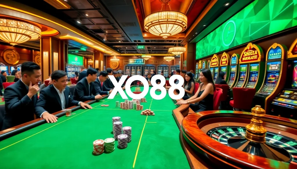 Players enjoying thrilling casino action at XO88 with poker chips, dice, and roulette.