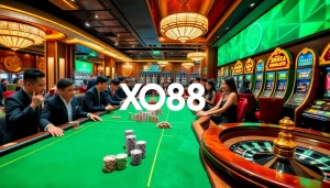 Players enjoying thrilling casino action at XO88 with poker chips, dice, and roulette.