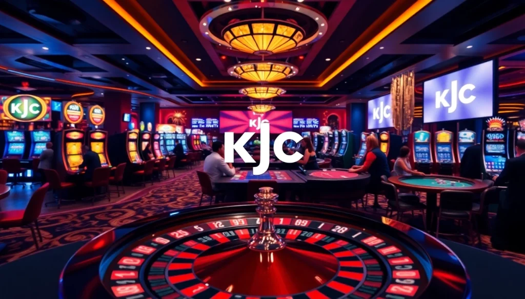 KJC casino players betting on vibrant roulette and poker tables, showcasing a luxury gambling experience.