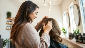 Omnia Salon in San Diego showcasing a stylist enhancing a client's hair with highlights in a modern, inviting environment.