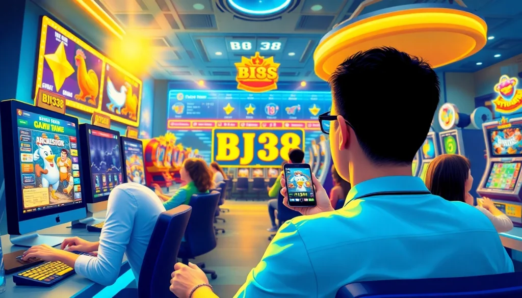 Engaging online gaming scene at BJ38 with virtual casino features, vibrant colors, and dynamic players.