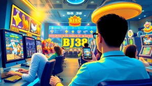 Engaging online gaming scene at BJ38 with virtual casino features, vibrant colors, and dynamic players.