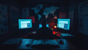 Engaging portrayal of the Hidden Wiki interface amidst a mysterious dark web setup, highlighting online anonymity and exploration.