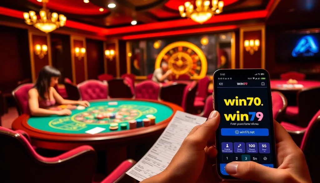 Exciting poker game scene at win79.net, showcasing colorful chips, cards, and a roulette wheel