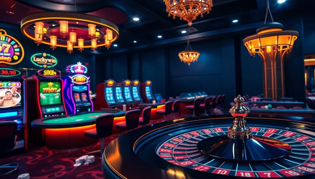 Experience the thrill of Luckywin with vibrant casino games, tables, and players enjoying their winning moments.