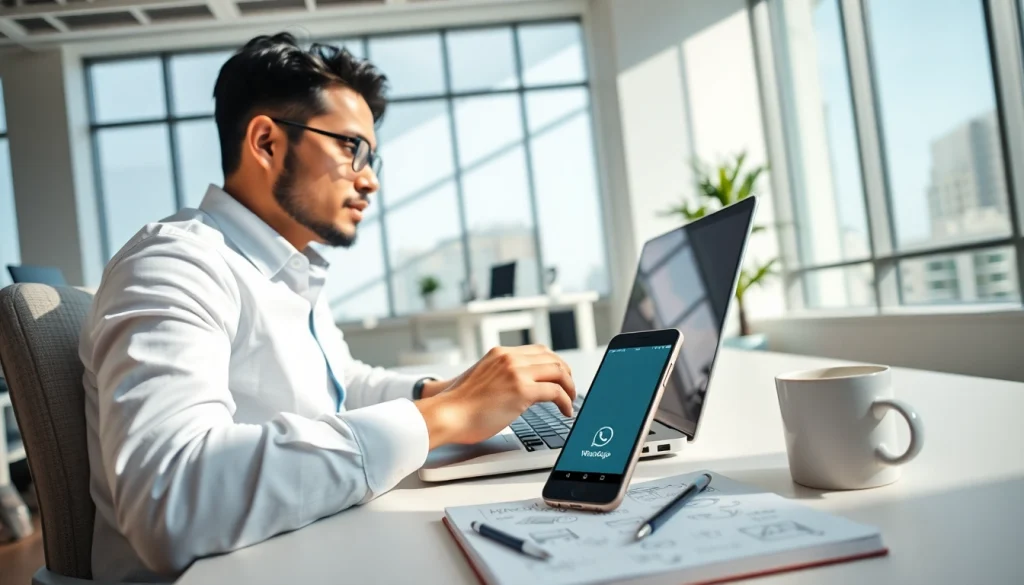 在现代办公室的笔记本电脑上使用 WhatsApp网页版，带来引人入胜的用户体验。