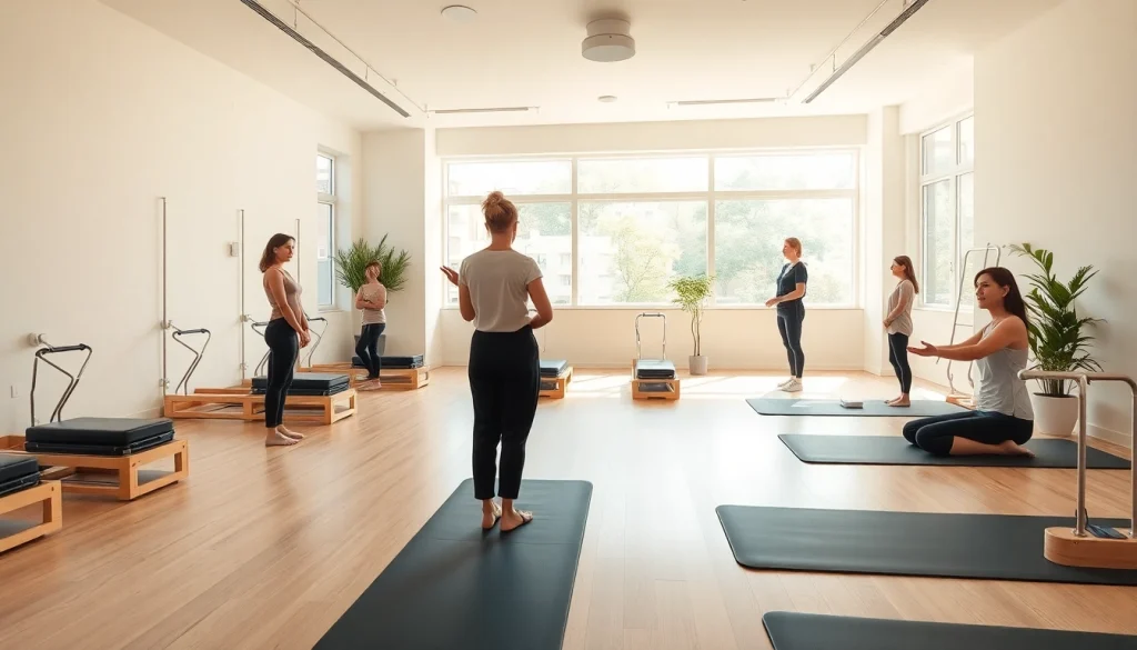 落ち着いた雰囲気の東京・台東区のピラティススタジオ。クラスには多様な参加者がおり、ウェルネスとコミュニティを象徴しています。